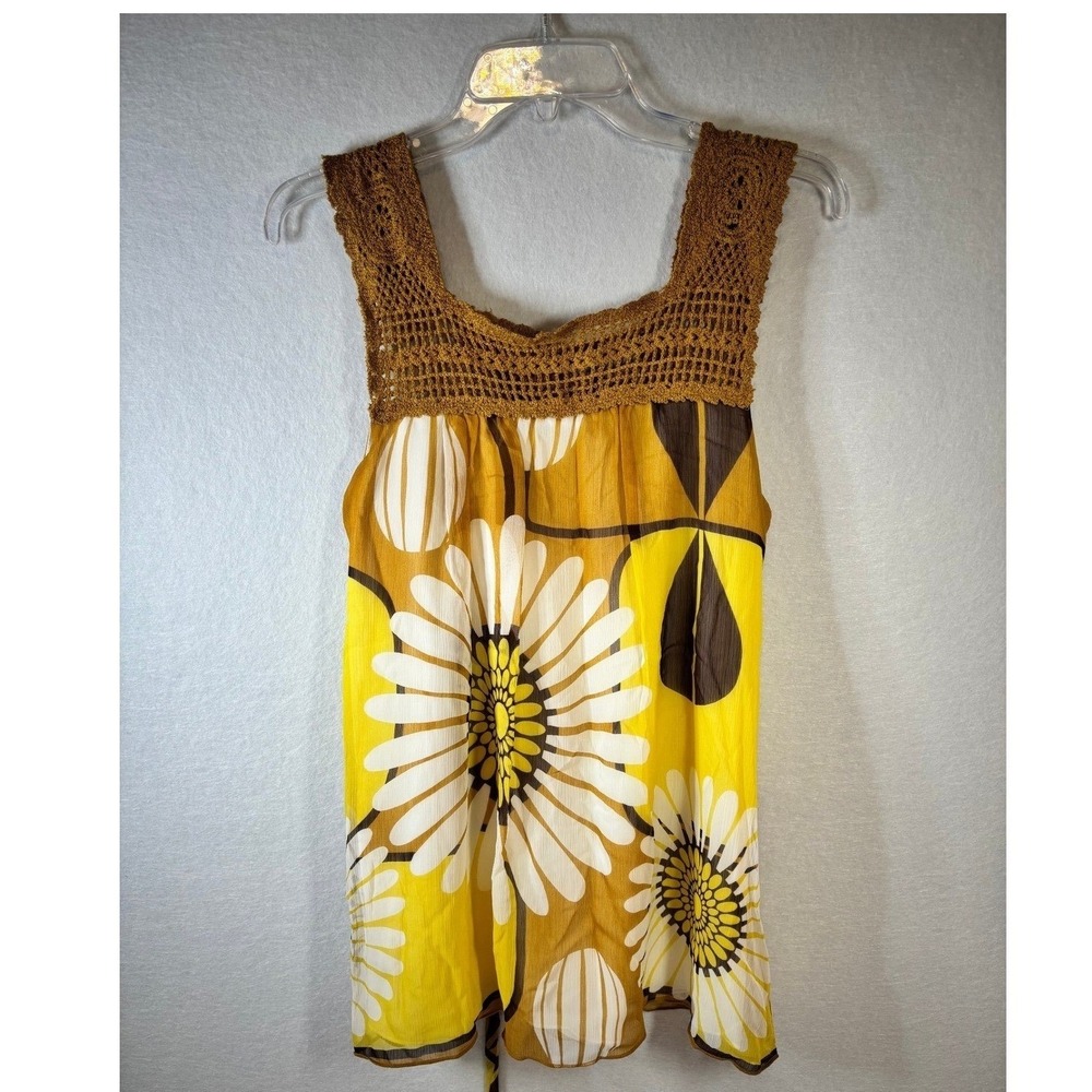 Speechless Womens M Crochet Floral Chiffon Top Mustard Brown Boho‎ Babydoll Y2K